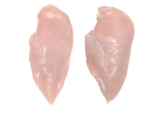 Normal chicken breast (left) vs. a breast with white striping (right)